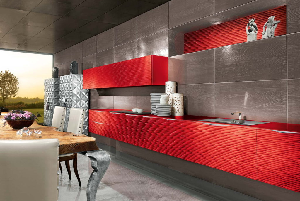 Красные 3D фасады для кухни